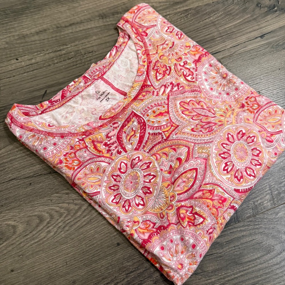 T by Talbots Pink Orange Paisley Mandala Active Top 3X Short Sleeve Cotton Modal